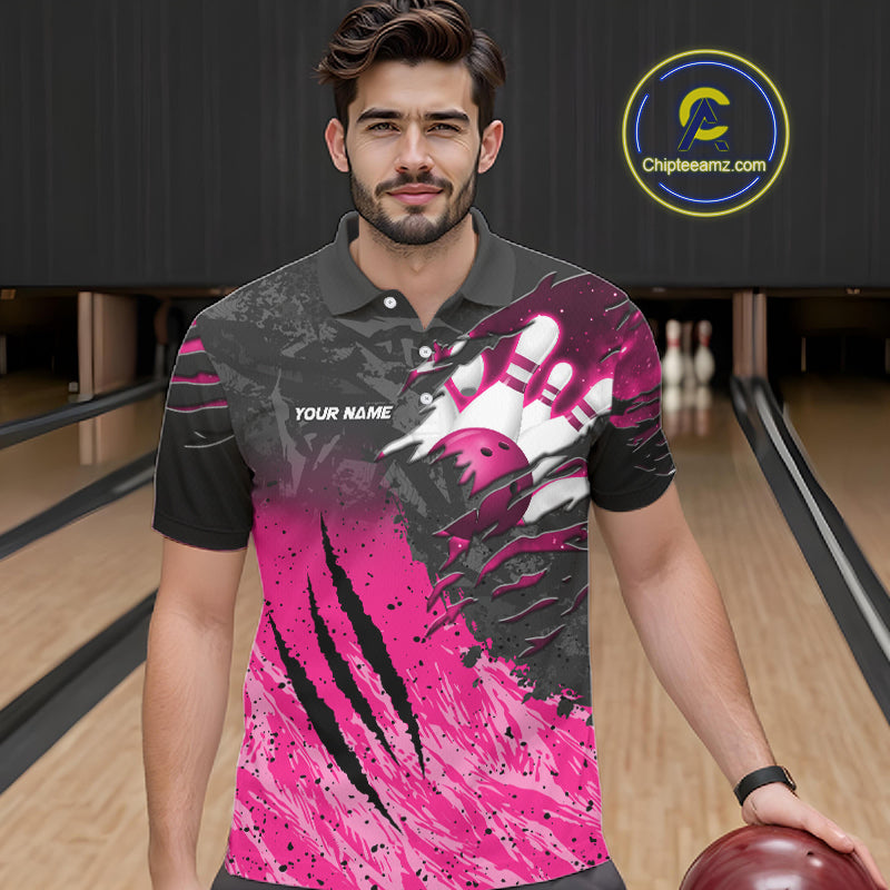 Man wearing personalized pink and black eagle bowling team jersey polo shirt featuring pink and black eagle artwork, front view.