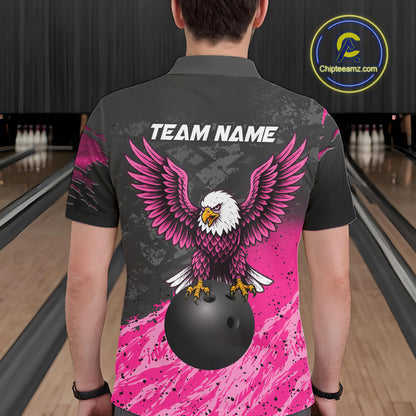Man wearing personalized pink and black eagle bowling team jersey polo shirt featuring pink and black eagle artwork, back view.