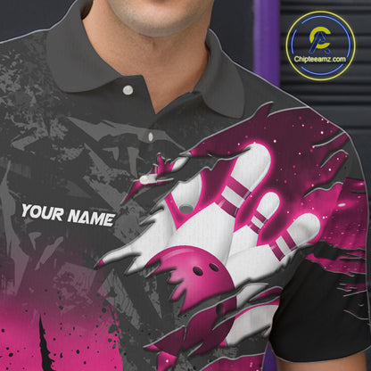 Close-up of the personalized pink and black eagle bowling team jersey polo shirt showing the collar, buttons, premium performance fabric and detailed pink and black eagle graphics.