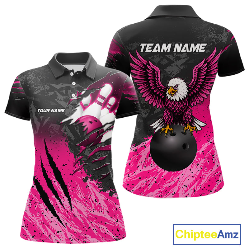 Personalized pink and black eagle bowling team jersey polo shirt for women featuring a bold eagle design, premium custom bowling league apparel for tournaments, league nights and competitive bowling teams.