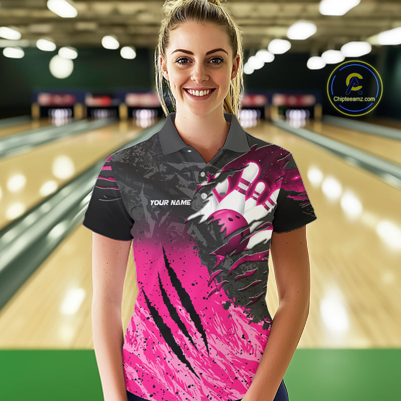 Woman wearing personalized pink and black eagle bowling team jersey polo shirt featuring pink and black eagle artwork, front view.