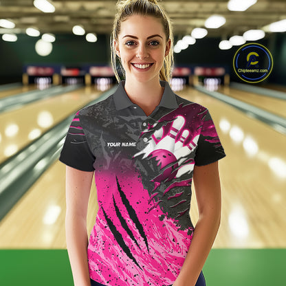 Woman wearing personalized pink and black eagle bowling team jersey polo shirt featuring pink and black eagle artwork, front view.
