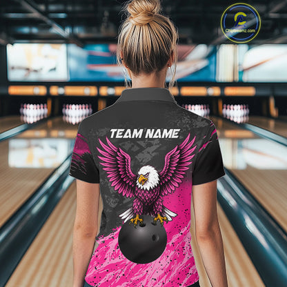 Woman wearing personalized pink and black eagle bowling team jersey quarter zip shirt featuring pink and black eagle artwork, front view.
