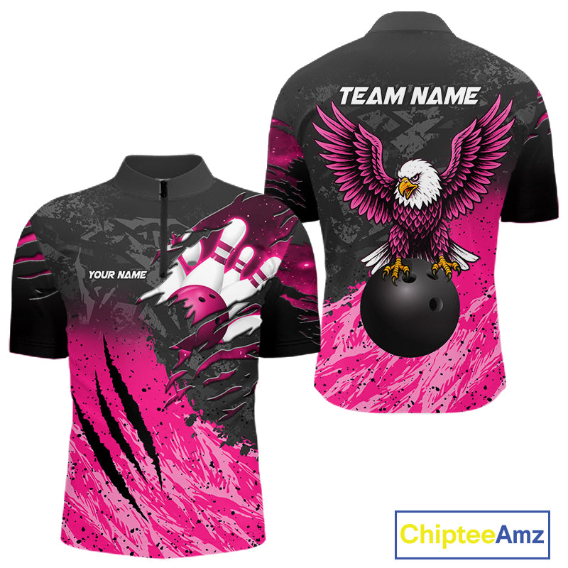 Personalized pink and black eagle bowling team jersey quarter zip shirt for men featuring striking eagle artwork, premium custom bowling league apparel for tournament and league play.