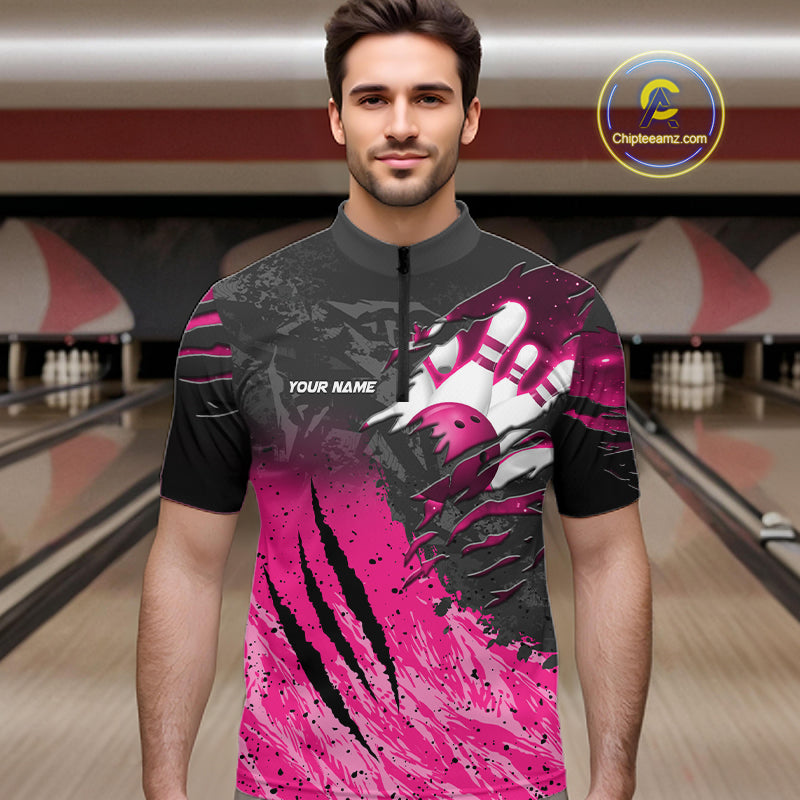 Man wearing personalized pink and black eagle bowling team jersey quarter zip shirt featuring pink and black eagle artwork, front view.