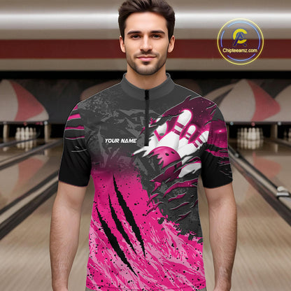 Man wearing personalized pink and black eagle bowling team jersey quarter zip shirt featuring pink and black eagle artwork, front view.