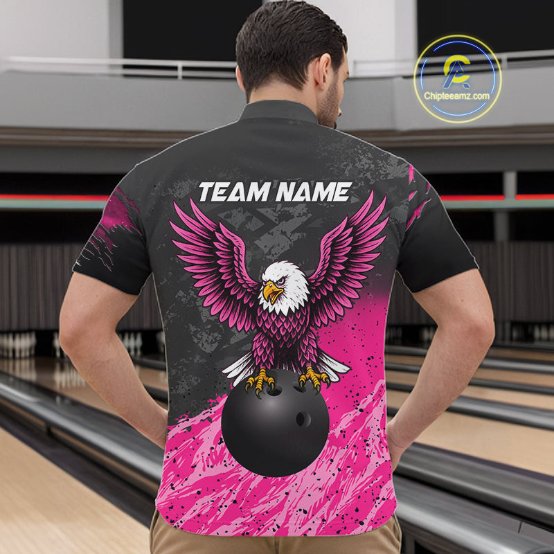 Man wearing personalized pink and black eagle bowling team jersey quarter zip shirt featuring pink and black eagle artwork, back view.
