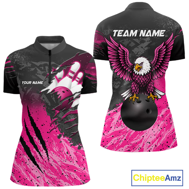 Personalized pink and black eagle bowling team jersey quarter zip shirt for women featuring striking eagle artwork, premium custom bowling league apparel for tournament and league play.