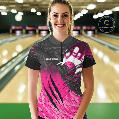 Woman wearing personalized pink and black eagle bowling team jersey polo shirt featuring pink and black eagle artwork, back view.