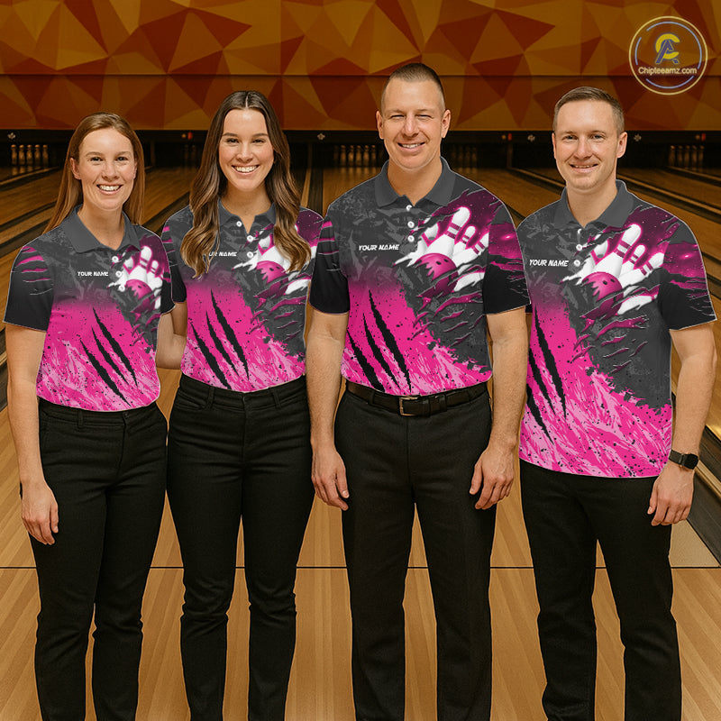 Bowling team wearing matching personalized pink and black eagle bowling team jerseys featuring premium eagle graphics, front view.