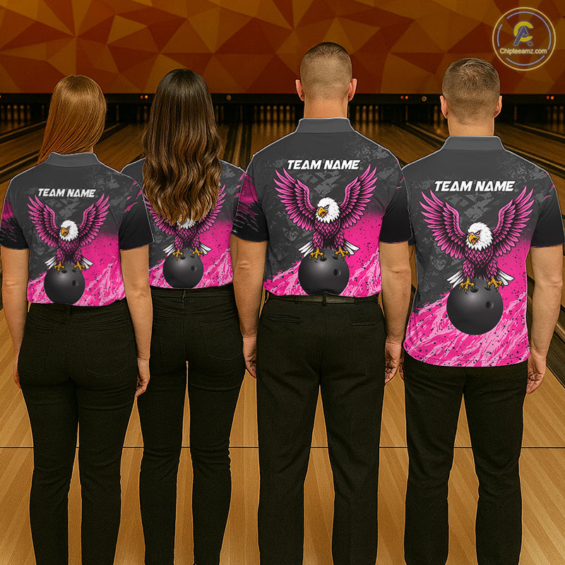 Bowling team wearing matching personalized pink and black eagle bowling team jerseys featuring premium eagle graphics, back view.