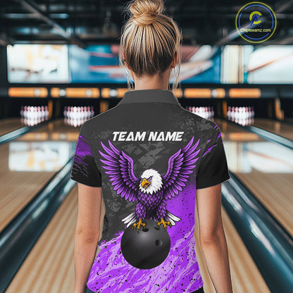 Woman wearing personalized black and purple eagle bowling team jersey quarter zip shirt featuring black and purple eagle artwork, front view.