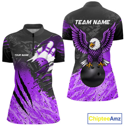 Personalized black and purple eagle bowling team jersey quarter zip shirt for women featuring detailed eagle artwork, premium custom bowling league apparel for tournament and league competition.