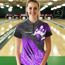 Load image into Gallery viewer, Woman wearing personalized black and purple eagle bowling team jersey polo shirt featuring black and purple eagle artwork, back view.