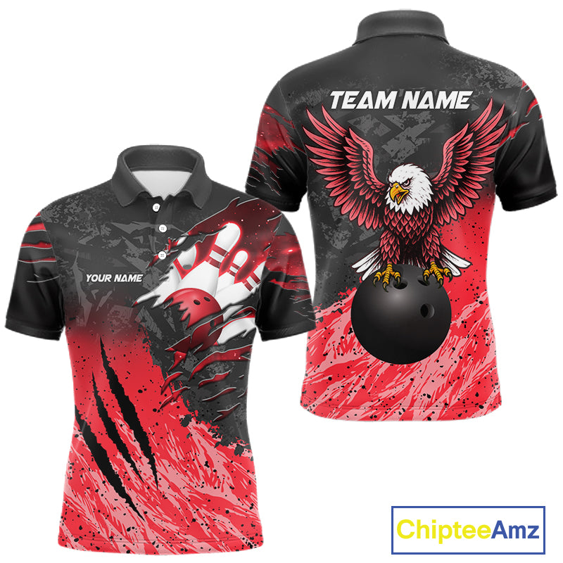 Personalized black and red eagle bowling team jersey polo shirt for men featuring a powerful eagle design, premium custom bowling league apparel for tournaments, league play and competitive bowling teams.