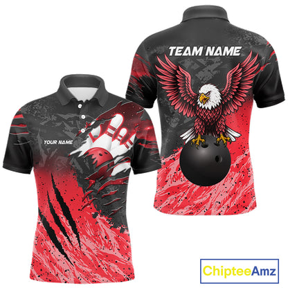 Personalized black and red eagle bowling team jersey polo shirt for men featuring a powerful eagle design, premium custom bowling league apparel for tournaments, league play and competitive bowling teams.