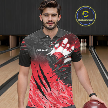 Man wearing personalized black and red eagle bowling team jersey polo shirt featuring black and red eagle artwork, front view.