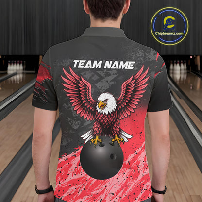 Man wearing personalized black and red eagle bowling team jersey polo shirt featuring black and red eagle artwork, back view.