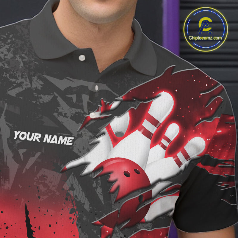 Close-up of the personalized black and red eagle bowling team jersey polo shirt showing the collar, buttons, premium performance fabric and detailed eagle graphics.
