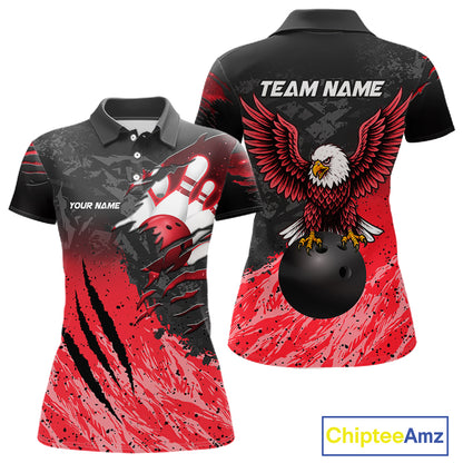 Personalized black and red eagle bowling team jersey polo shirt for women featuring a powerful eagle design, premium custom bowling league apparel for tournaments, league play and competitive bowling teams.