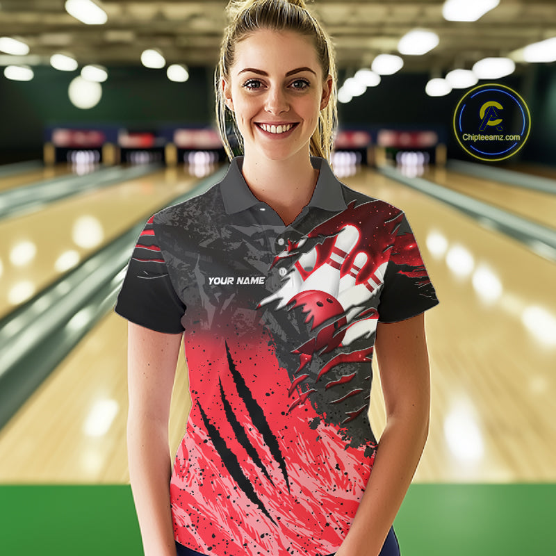 Personalized black and red eagle bowling team jersey quarter zip shirt for women featuring bold eagle artwork, premium custom bowling league apparel.