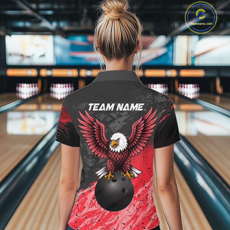 Woman wearing personalized black and red eagle bowling team jersey polo shirt featuring black and red eagle artwork, back view.