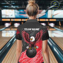 Load image into Gallery viewer, Woman wearing personalized black and red eagle bowling team jersey polo shirt featuring black and red eagle artwork, back view.