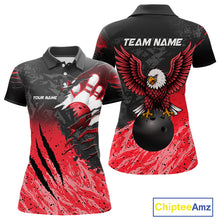 Load image into Gallery viewer, Personalized black and red eagle bowling team jersey polo shirt for women featuring a powerful eagle design, premium custom bowling league apparel for tournaments, league play and competitive bowling teams.