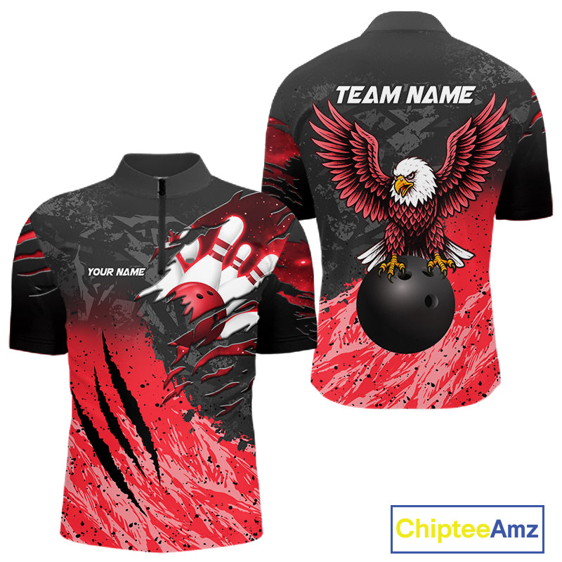 Personalized black and red eagle bowling team jersey quarter zip shirt for men featuring bold eagle artwork, premium custom bowling league apparel.