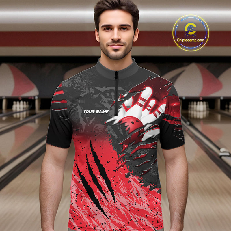 Man wearing personalized black and red eagle bowling team jersey quarter zip shirt featuring black and red eagle artwork, front view.