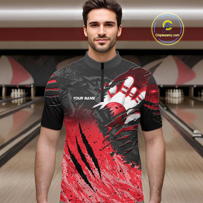 Man wearing personalized black and red eagle bowling team jersey quarter zip shirt featuring black and red eagle artwork, front view.