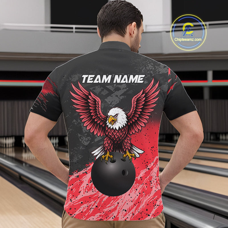 Man wearing personalized black and red eagle bowling team jersey quarter zip shirt featuring black and red eagle artwork, back view.