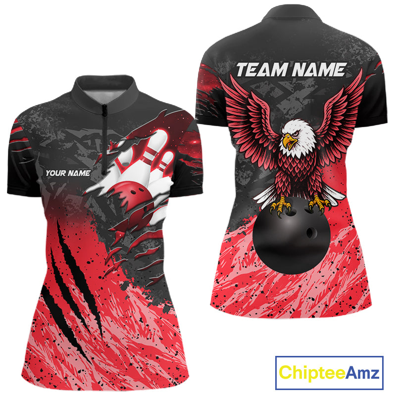 Personalized black and red eagle bowling team jersey polo shirt for women featuring a powerful eagle design, premium custom bowling league apparel for tournaments, league play and competitive bowling teams.