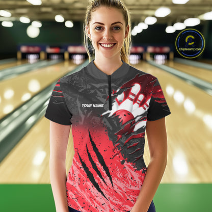 Woman wearing personalized black and red eagle bowling team jersey polo shirt featuring black and red eagle artwork, front view.