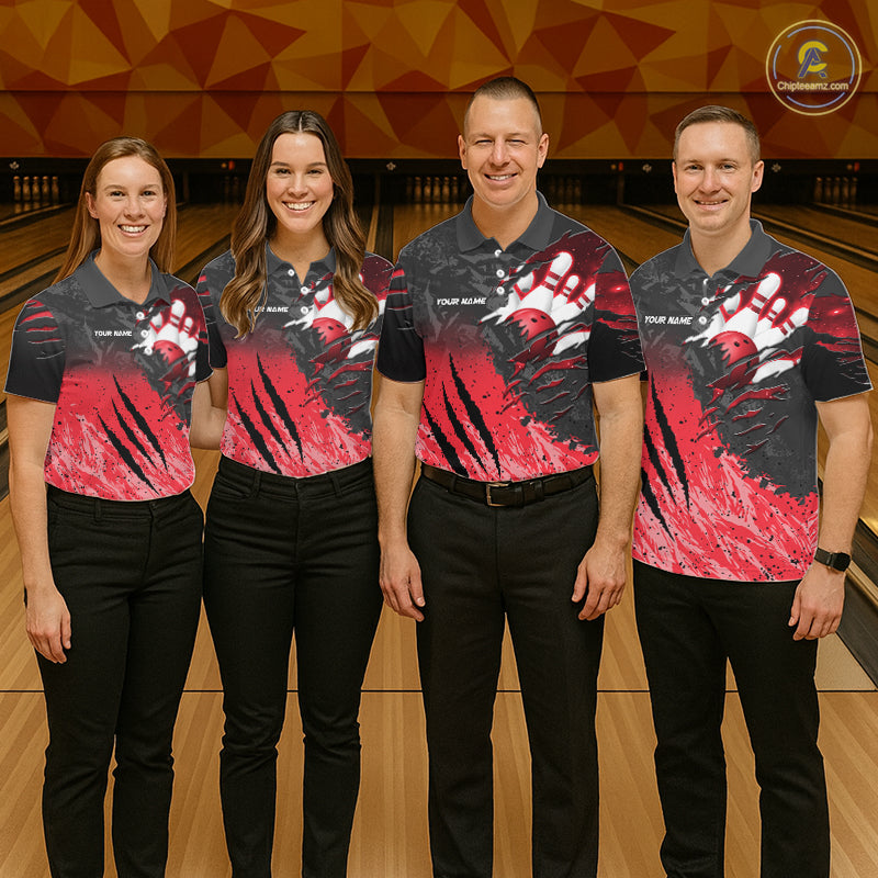 Bowling team wearing matching personalized black and red eagle bowling team jerseys featuring premium eagle graphics, front view.