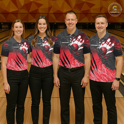 Bowling team wearing matching personalized black and red eagle bowling team jerseys featuring premium eagle graphics, front view.