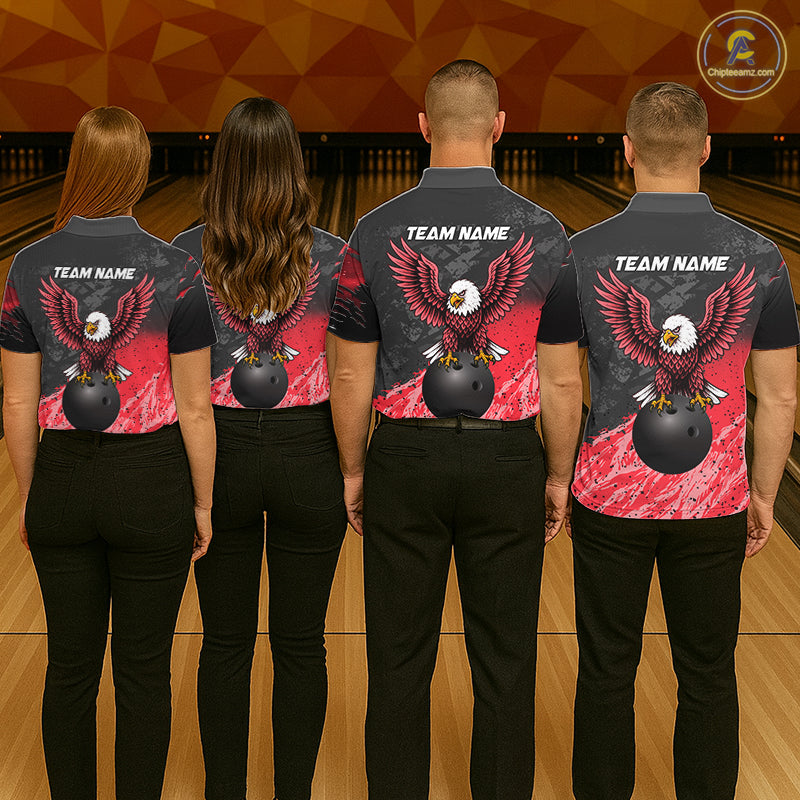 Bowling team wearing matching personalized black and red eagle bowling team jerseys featuring premium eagle graphics, back view.