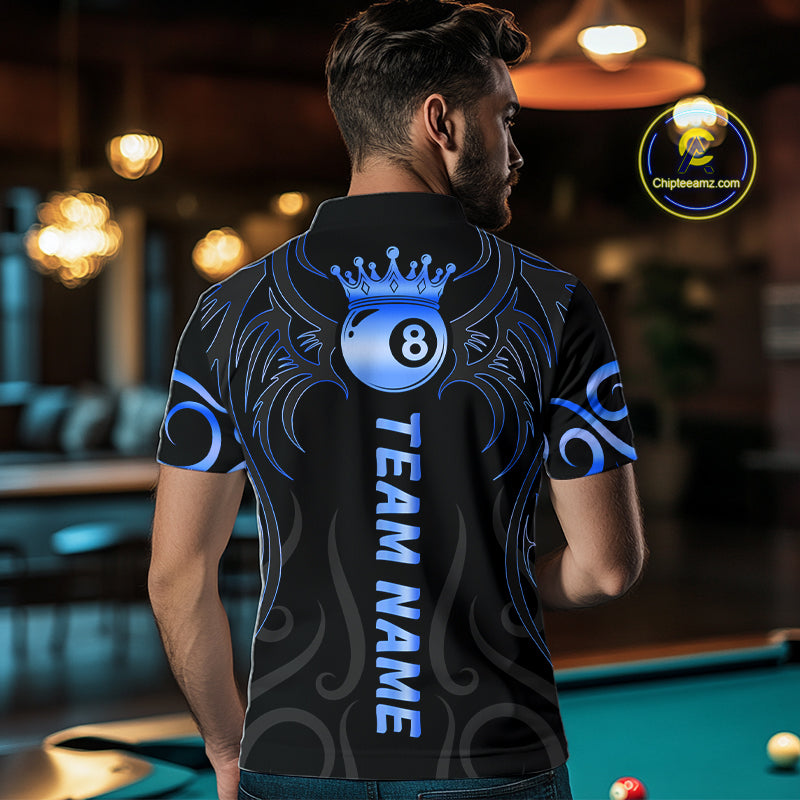 Black And Blue 8 Ball Crown Tribal Billiard Shirt For Men Custom Pool Jersey Billiard Team Shirt TDM7237