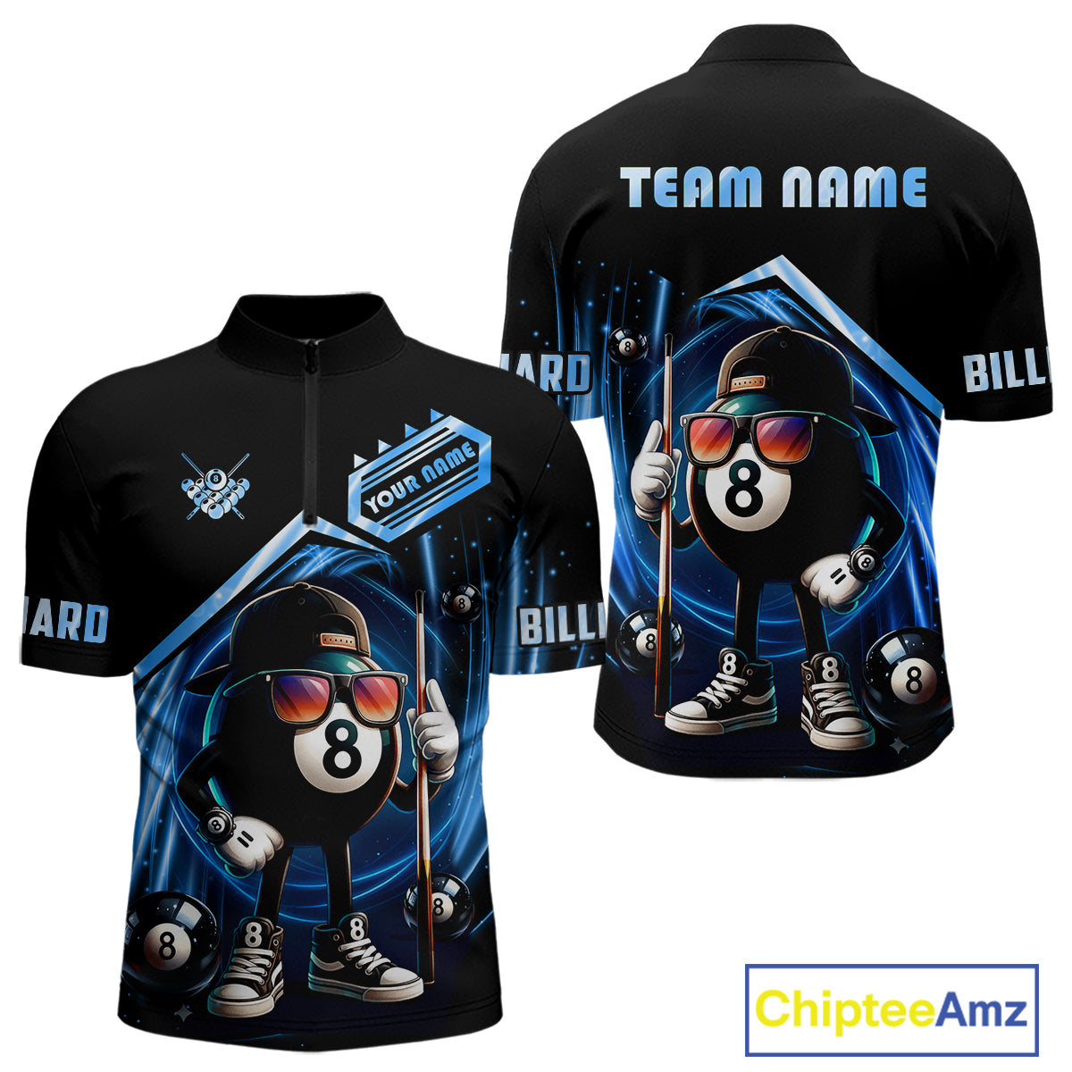 Blue Funny 8 Ball Billiard Shirt For Men Custom Pool Team Shirt, Billiard Jersey Polo & 1/4 Zip TDM5205
