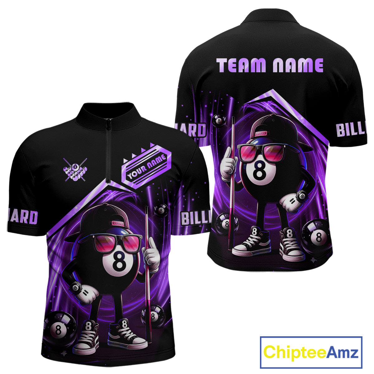 Purple Funny 8 Ball Billiard Shirt For Men Custom Pool Team Shirt, Billiard Jersey Polo & 1/4 Zip TDM5207