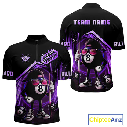 Purple Funny 8 Ball Billiard Shirt For Men Custom Pool Team Shirt, Billiard Jersey Polo & 1/4 Zip TDM5207