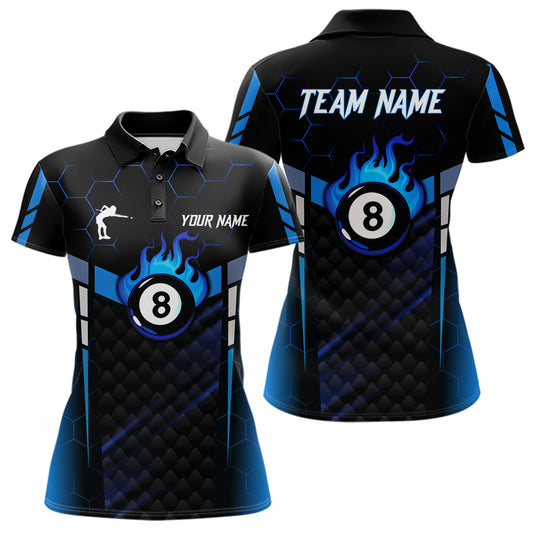 Personalized Blue 8 Ball Flame Billiard Polo & Quarter Zip For Women, 8 Ball Pool Team Jersey TDM5731