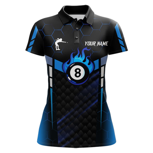 Personalized Blue 8 Ball Flame Billiard Polo & Quarter Zip For Women, 8 Ball Pool Team Jersey TDM5731