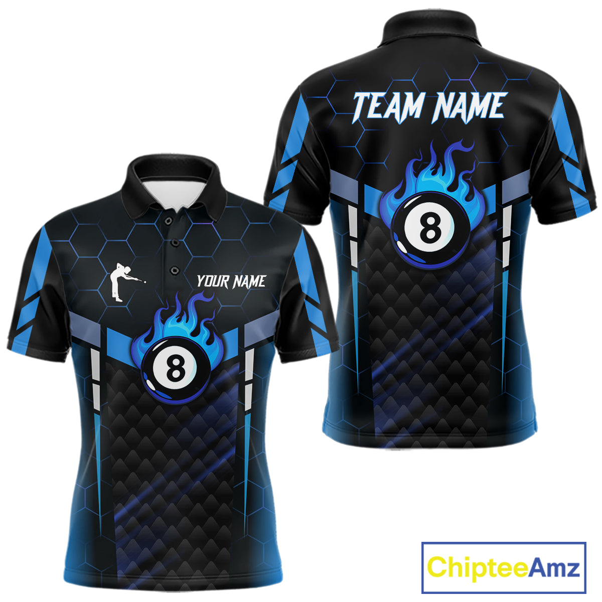 Personalized Blue 8 Ball Flame Billiard Polo & Quarter Zip For Men, 8 Ball Pool Team Jersey TDM5731