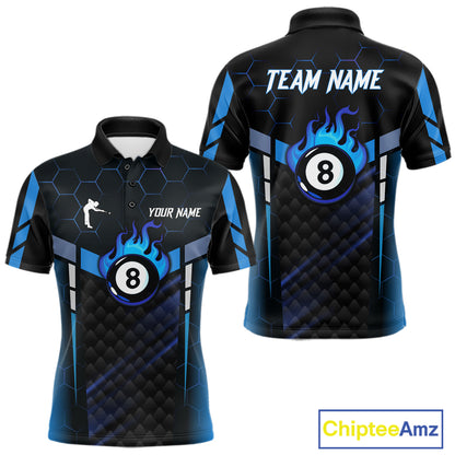 Personalized Blue 8 Ball Flame Billiard Polo & Quarter Zip For Men, 8 Ball Pool Team Jersey TDM5731