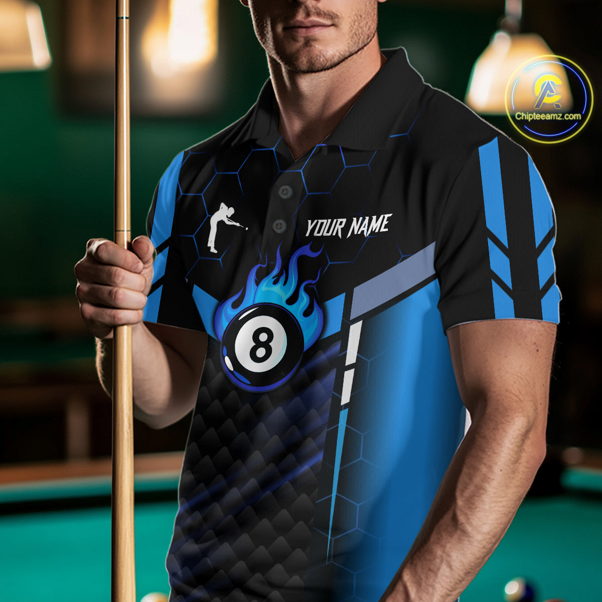 Personalized Blue 8 Ball Flame Billiard Polo & Quarter Zip For Men, 8 Ball Pool Team Jersey TDM5731
