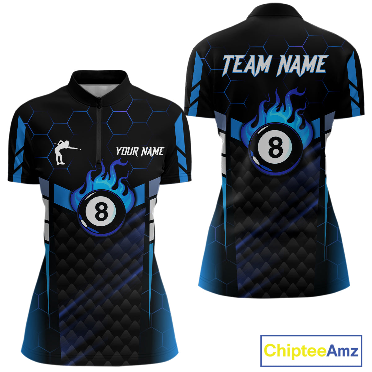 Personalized Blue 8 Ball Flame Billiard Polo & Quarter Zip For Women, 8 Ball Pool Team Jersey TDM5731
