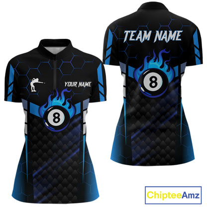 Personalized Blue 8 Ball Flame Billiard Polo & Quarter Zip For Women, 8 Ball Pool Team Jersey TDM5731