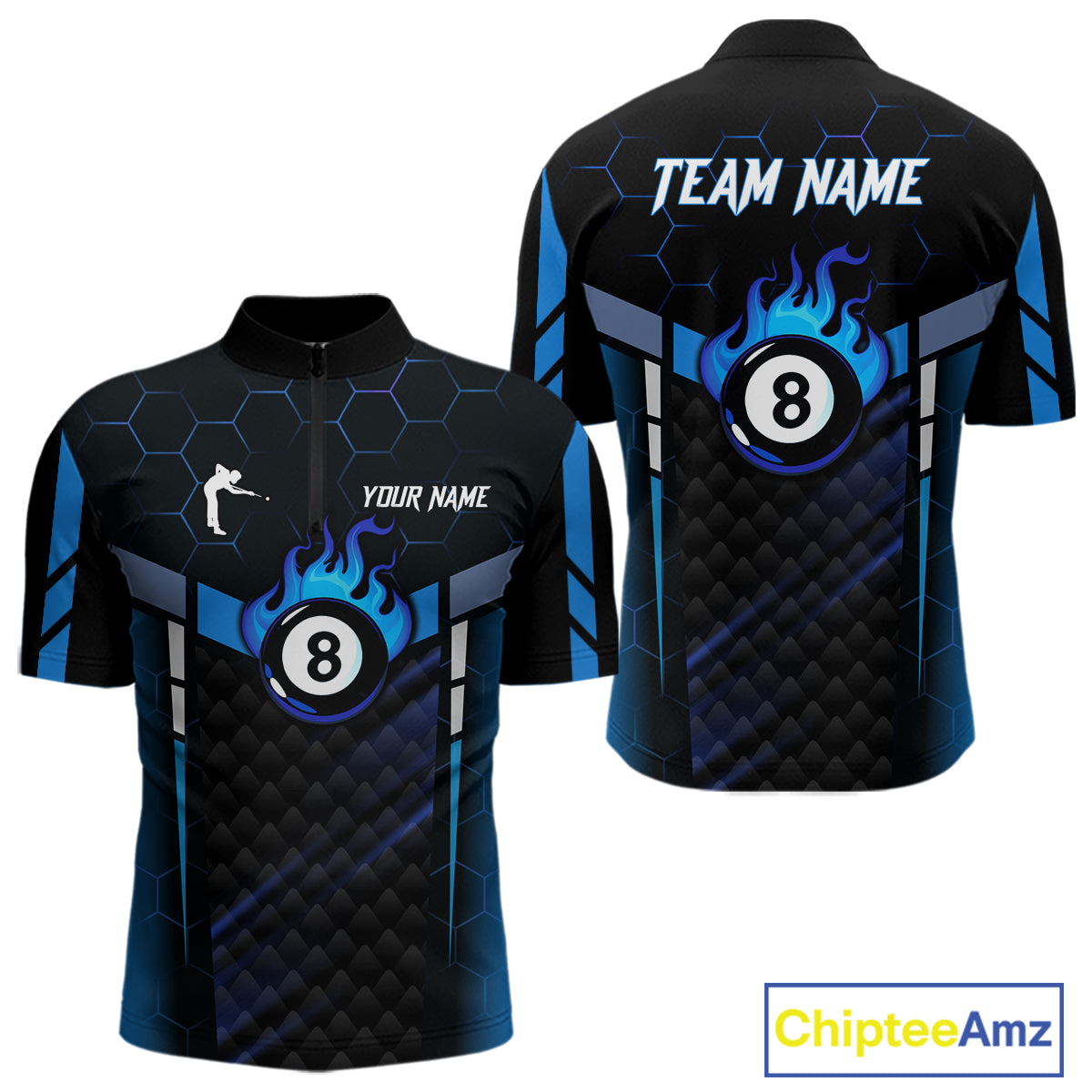 Personalized Blue 8 Ball Flame Billiard Polo & Quarter Zip For Men, 8 Ball Pool Team Jersey TDM5731