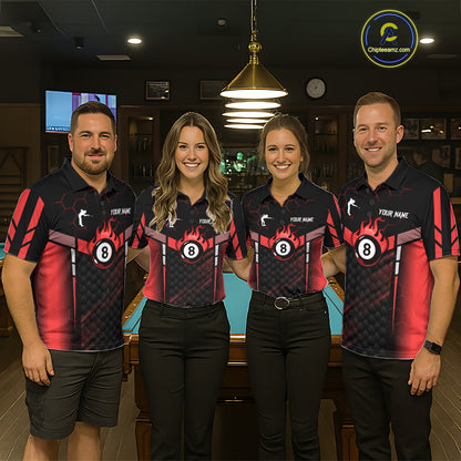 Personalized Red 8 Ball Flame Billiard Polo & Quarter Zip For Men, 8 Ball Pool Team Jersey TDM5732